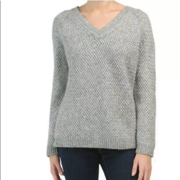 THEORY Slouchy V-Neck Cloud Sweater, Marled Green, Sz M - Picture 2 of 8